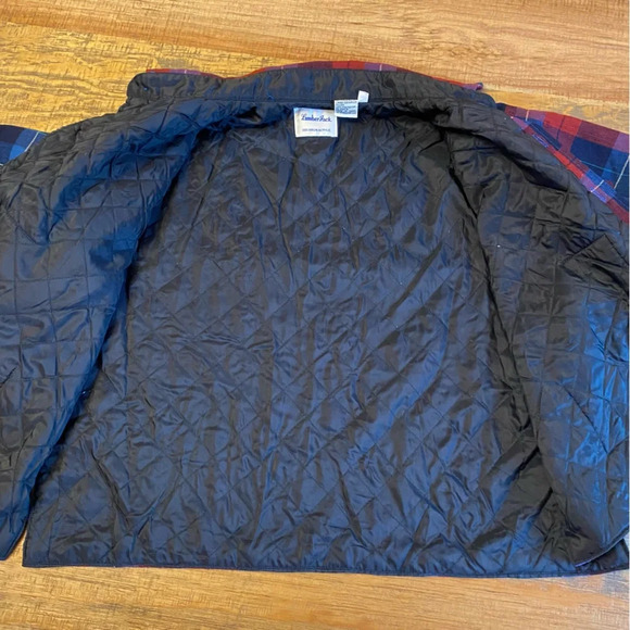 LUMBER JACK flannel top Size button up crop quilted lining red blue plaid - Picture 11 of 12